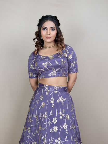 Lavender Chinon Lehenga Set with Golden Embroidery