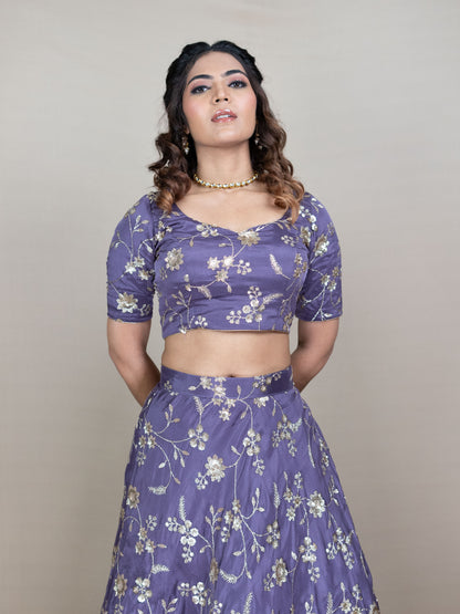 Lavender Chinon Lehenga Set with Golden Embroidery