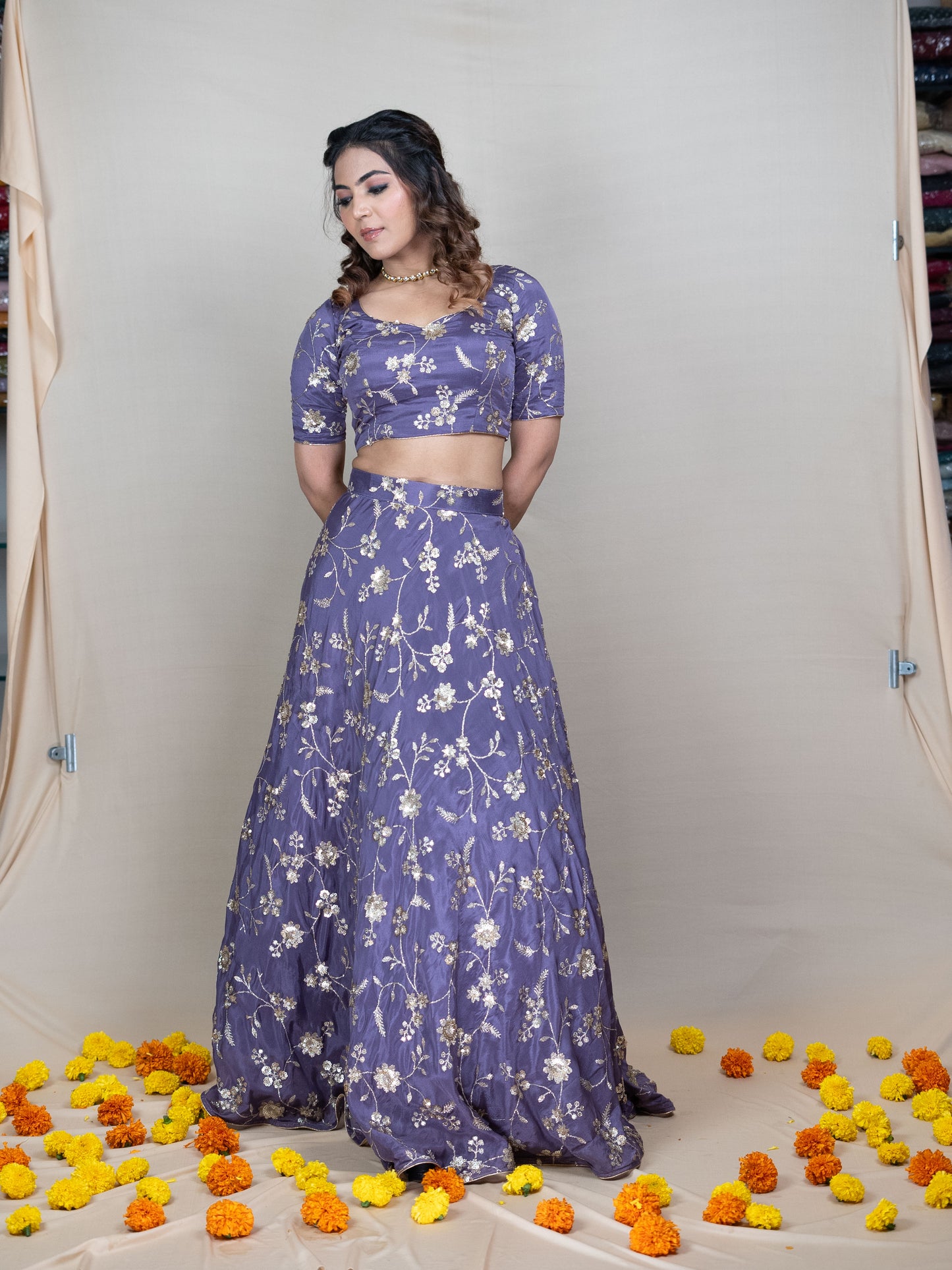 Lavender Chinon Lehenga Set with Golden Embroidery