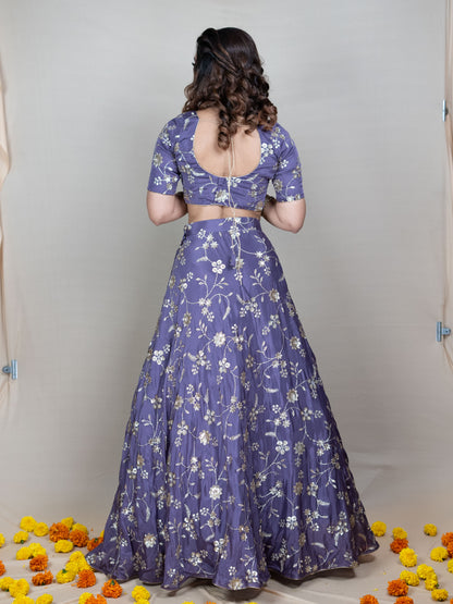 Lavender Chinon Lehenga Set with Golden Embroidery