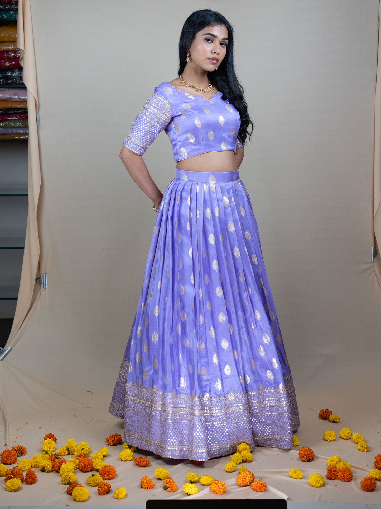 Lavander Silk Lehenga Set with Golden Embroidery & Border