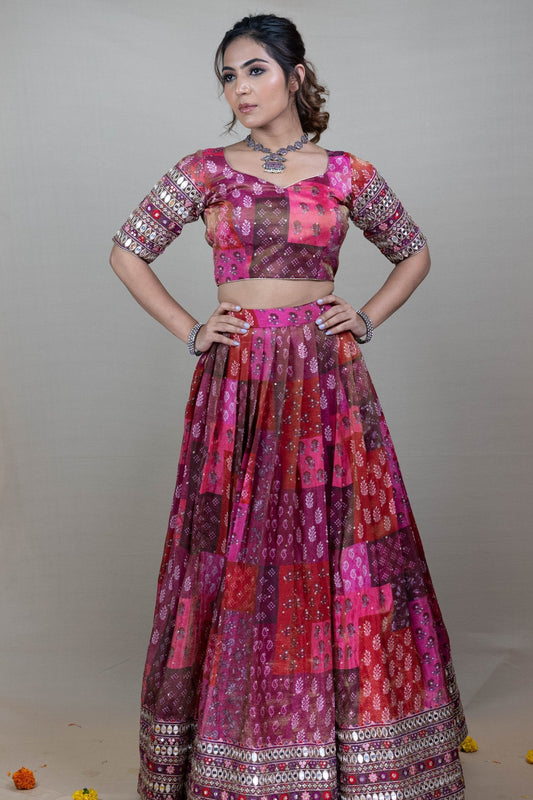 Rani Pink Position Printed Silk Lehenga Set