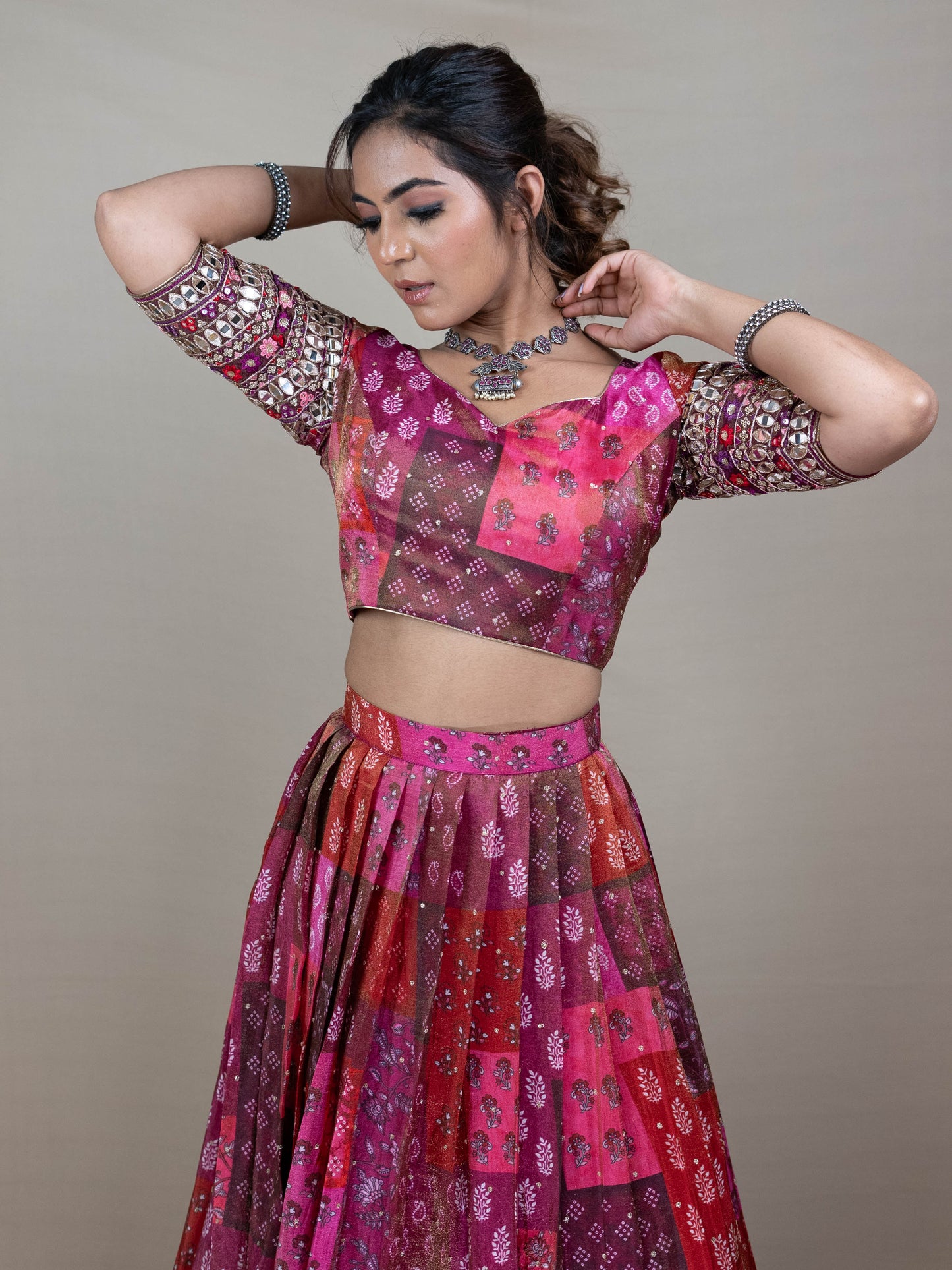 Rani Pink Position Printed Silk Lehenga Set