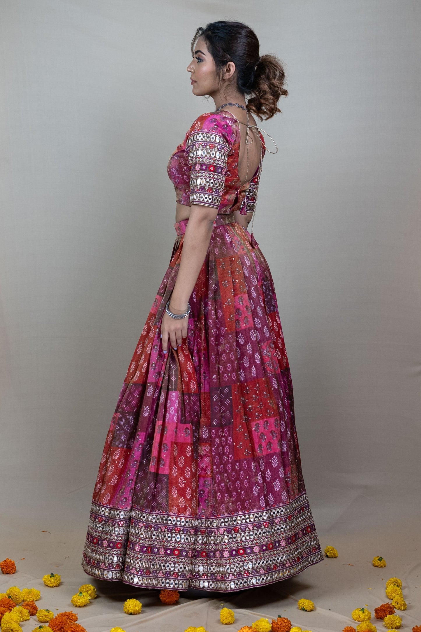 Rani Pink Position Printed Silk Lehenga Set