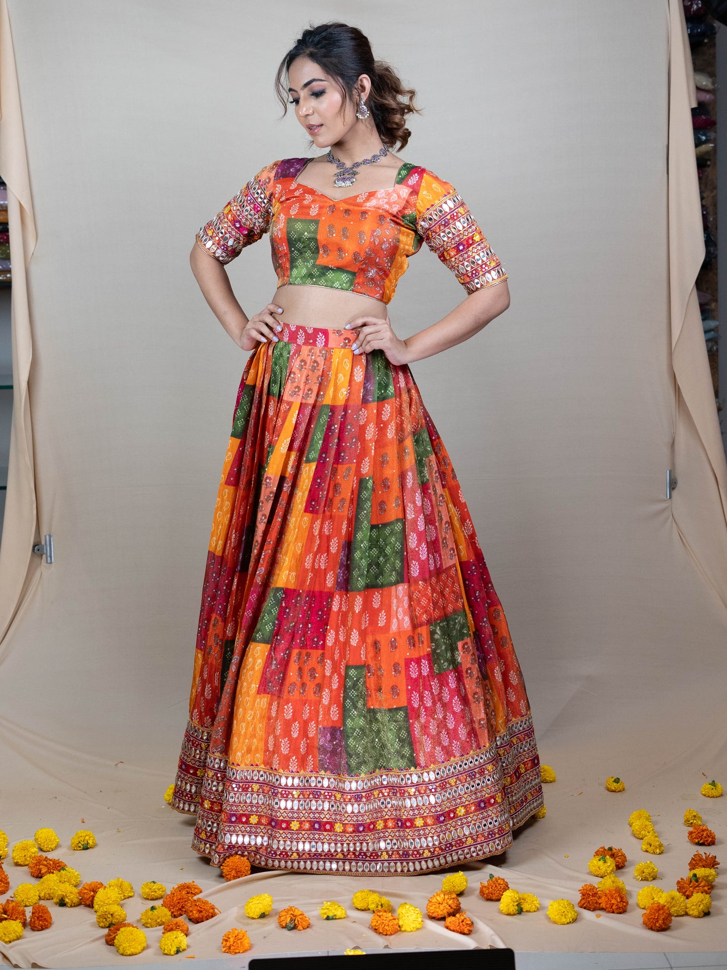 Orange Position Printed Silk Lehenga Set