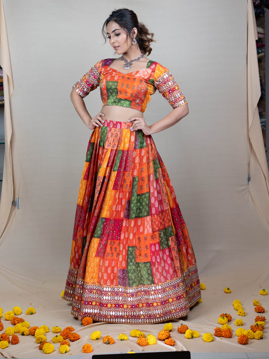 Orange Position Printed Silk Lehenga Set