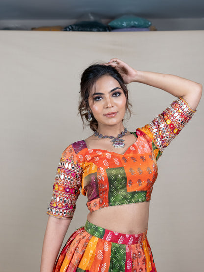 Orange Position Printed Silk Lehenga Set