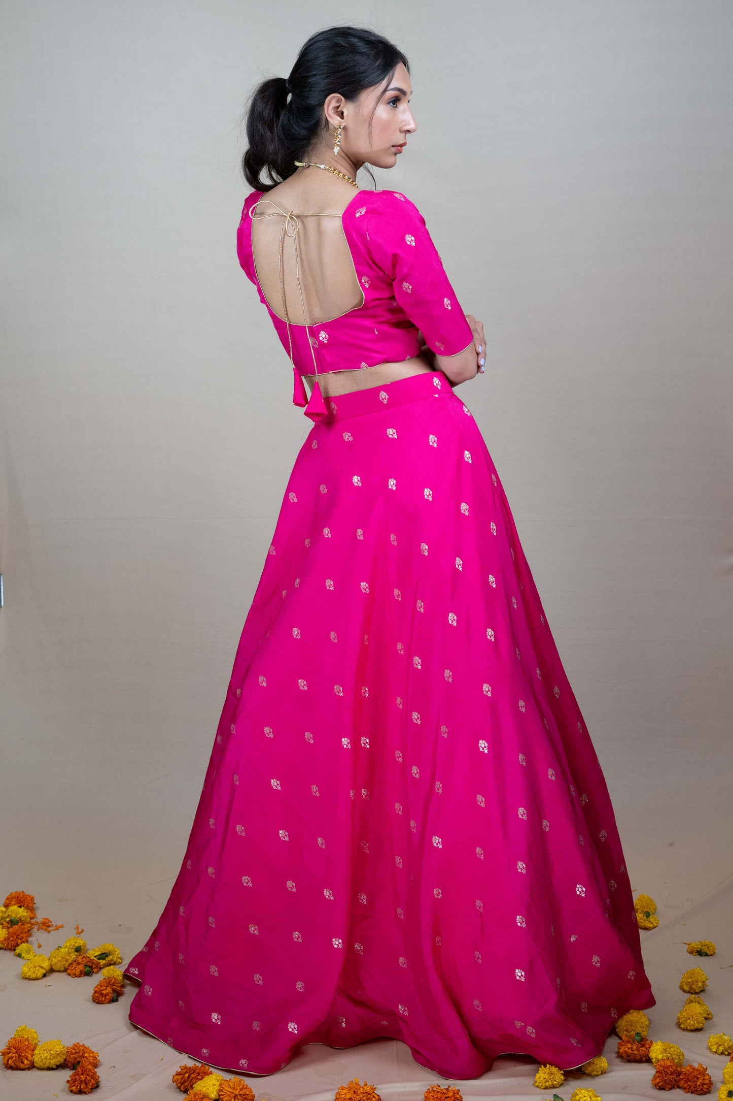 Rani Pink Silk Lehenga Set with Golden Bootas