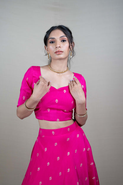 Rani Pink Silk Lehenga Set with Golden Bootas