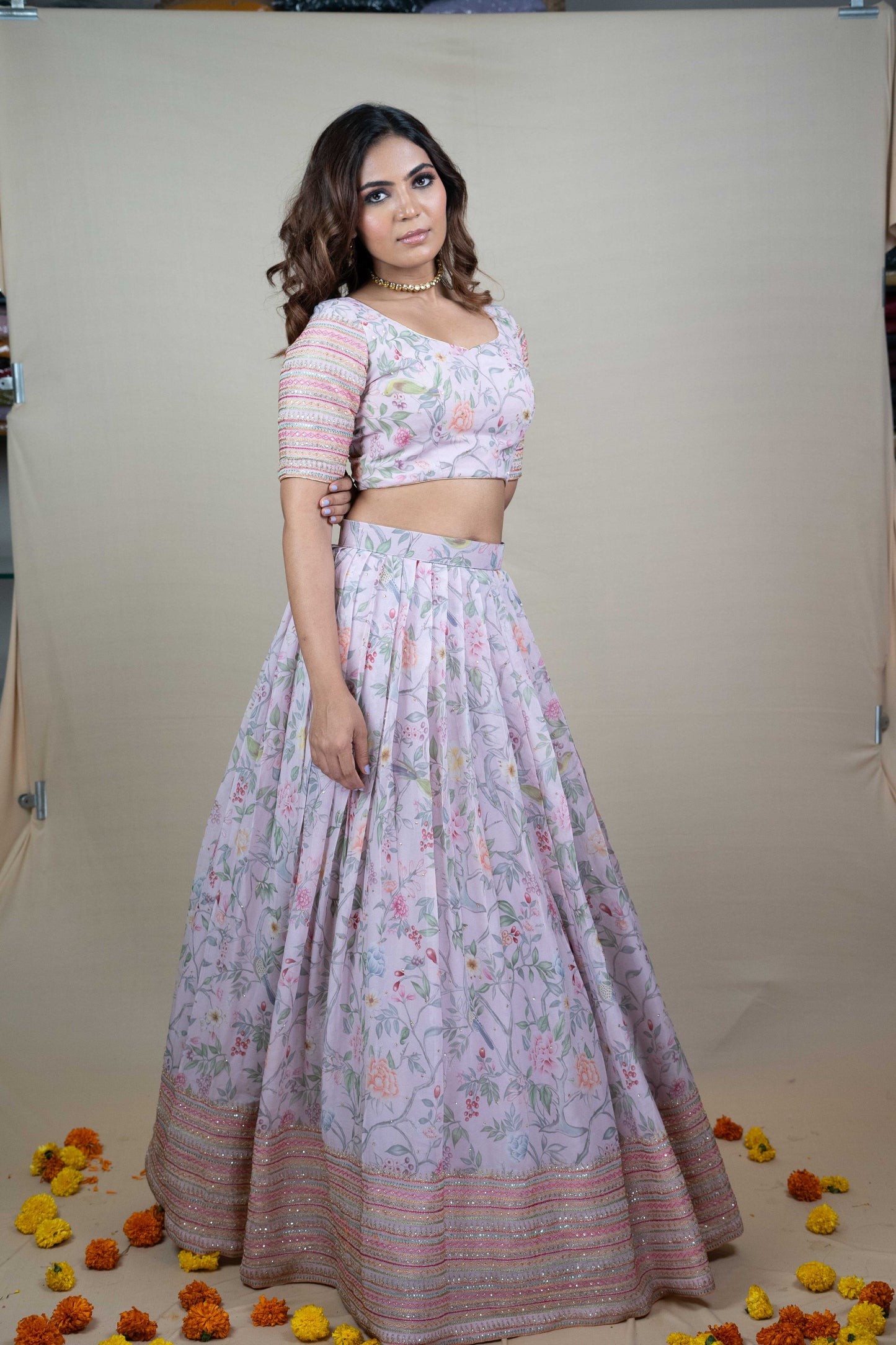 Light Pink Printed Georgette Lehenga Set