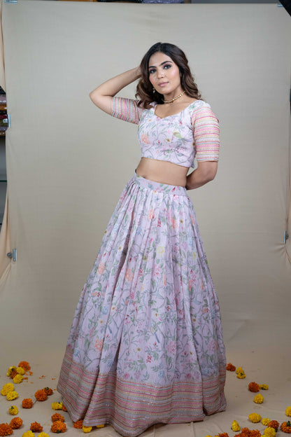 Light Pink Printed Georgette Lehenga Set