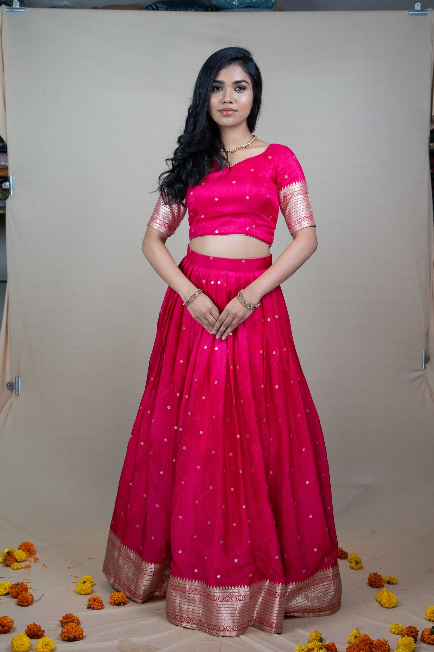 Rani Pink Silk Lehenga Set with Golden Embroidery & Border