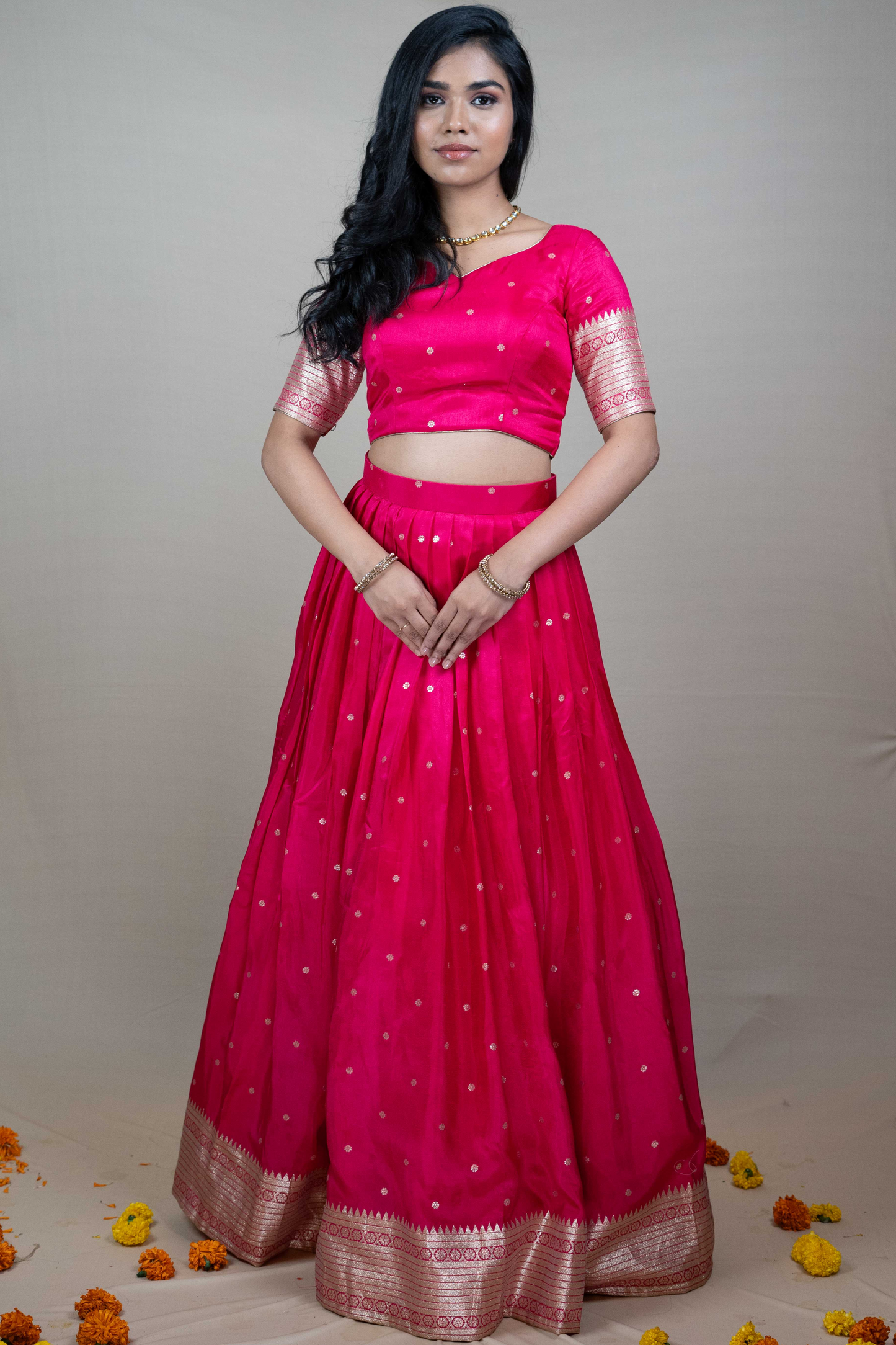 Rani Pink Silk Lehenga Set with Golden Embroidery & Border