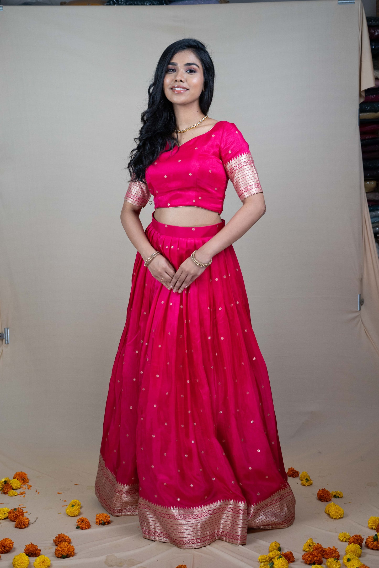 Rani Pink Silk Lehenga Set with Golden Embroidery & Border