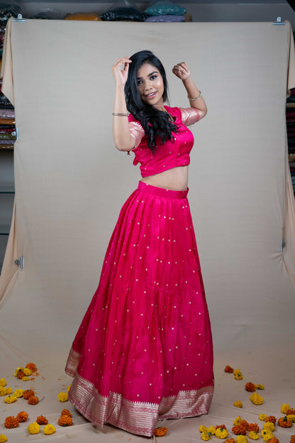 Rani Pink Silk Lehenga Set with Golden Embroidery & Border