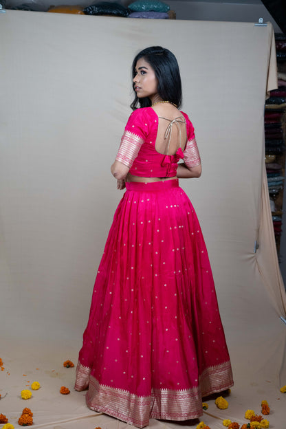 Rani Pink Silk Lehenga Set with Golden Embroidery & Border