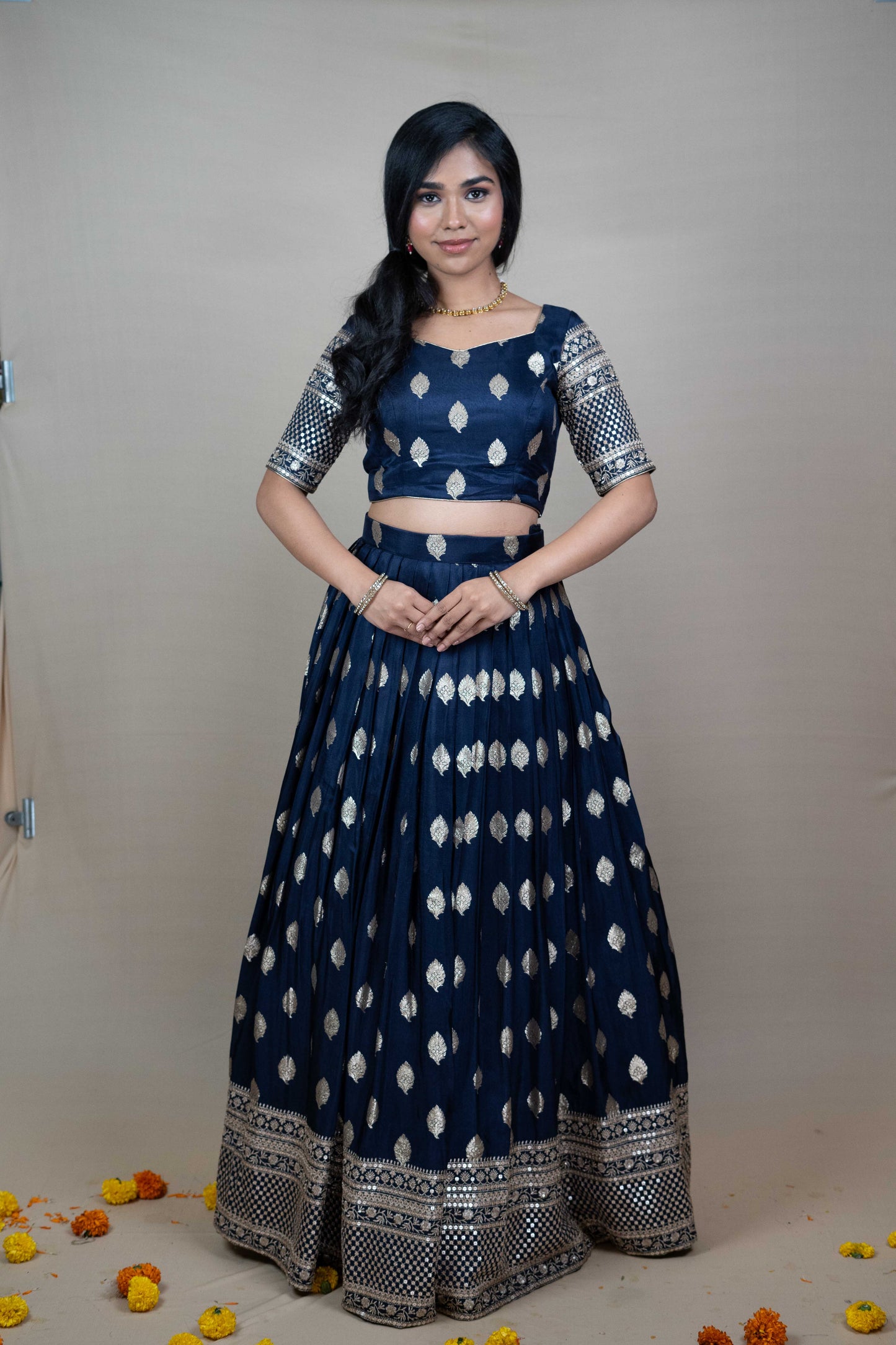 Navy Blue Georgette Lehenga with Golden Butta