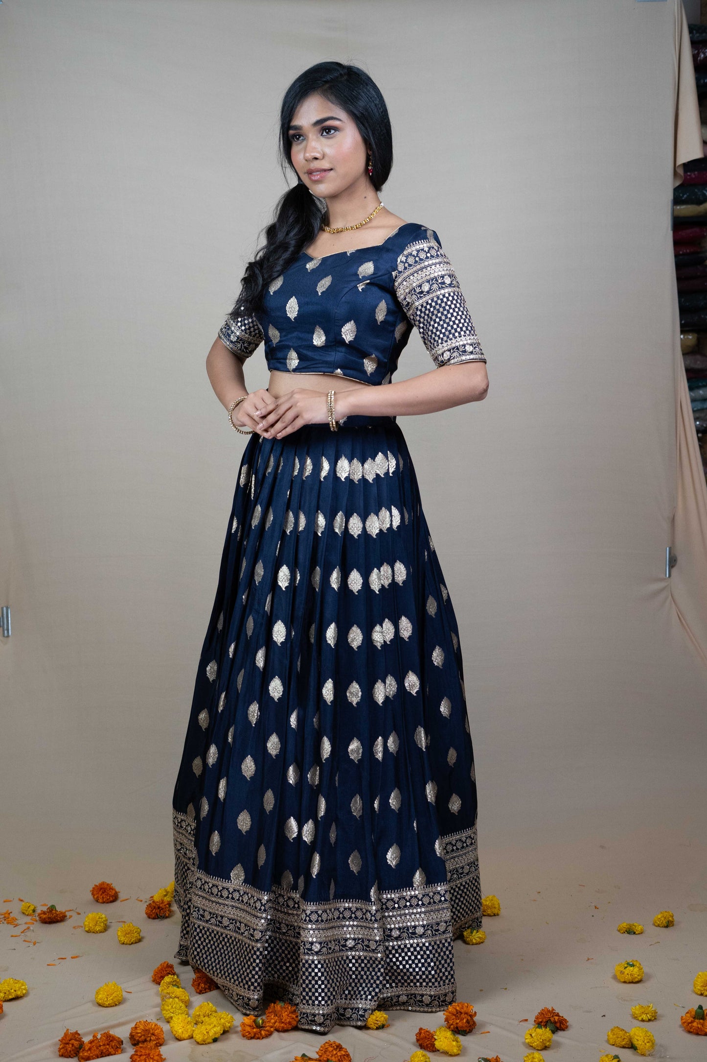 Navy Blue Georgette Lehenga with Golden Butta