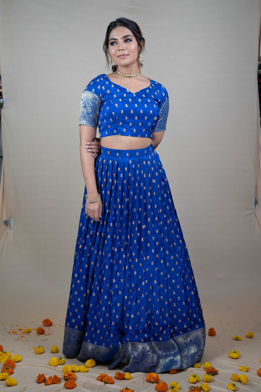 Royal Blue Silk Lehenga Set with Golden Embroidery & Border