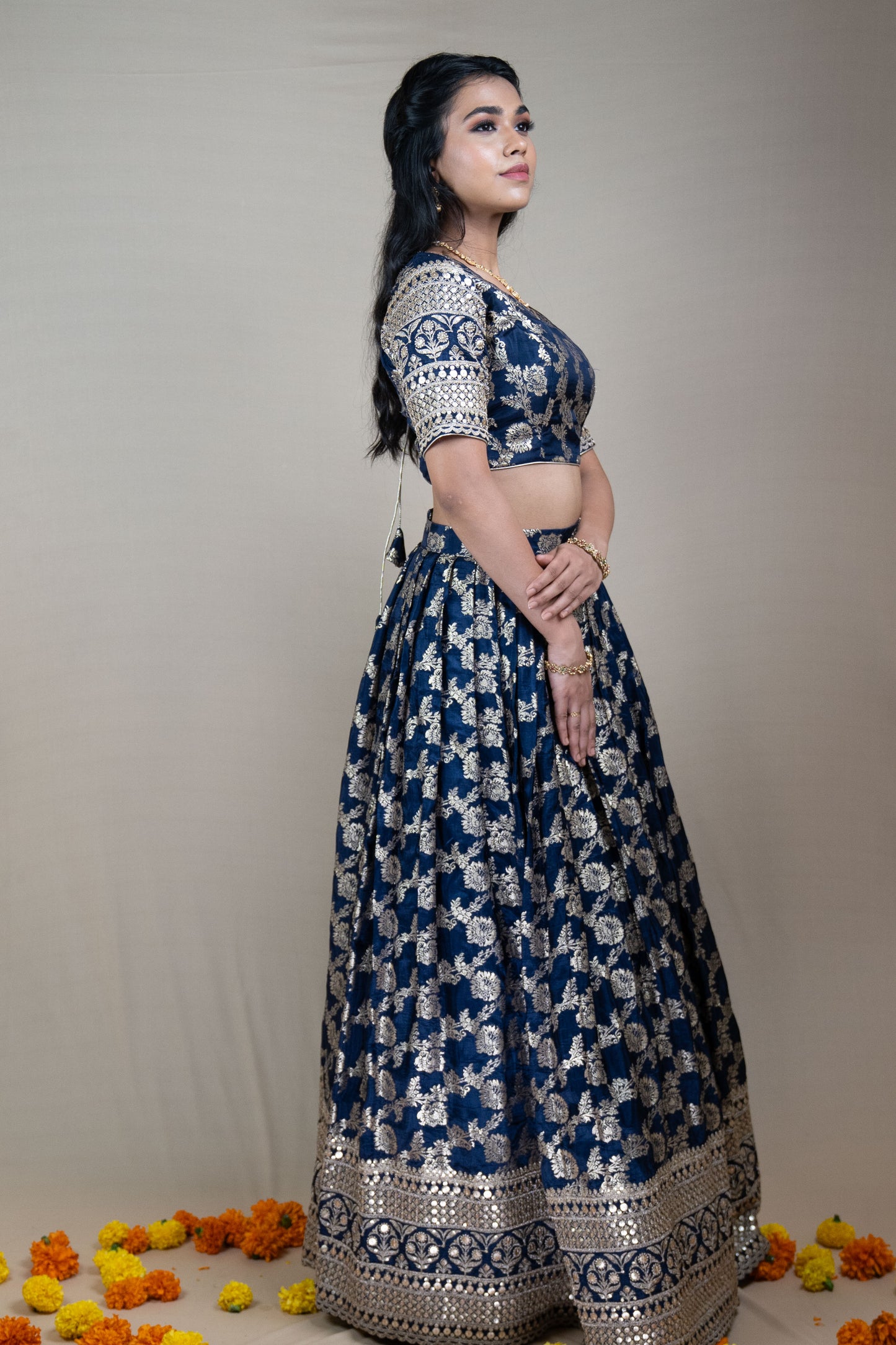 Navy Blue Banarasi Silk Lehenga Set with Silk Embroidery