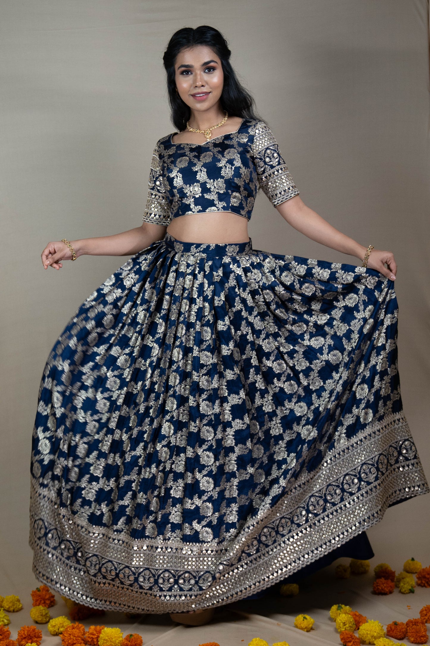 Navy Blue Banarasi Silk Lehenga Set with Silk Embroidery