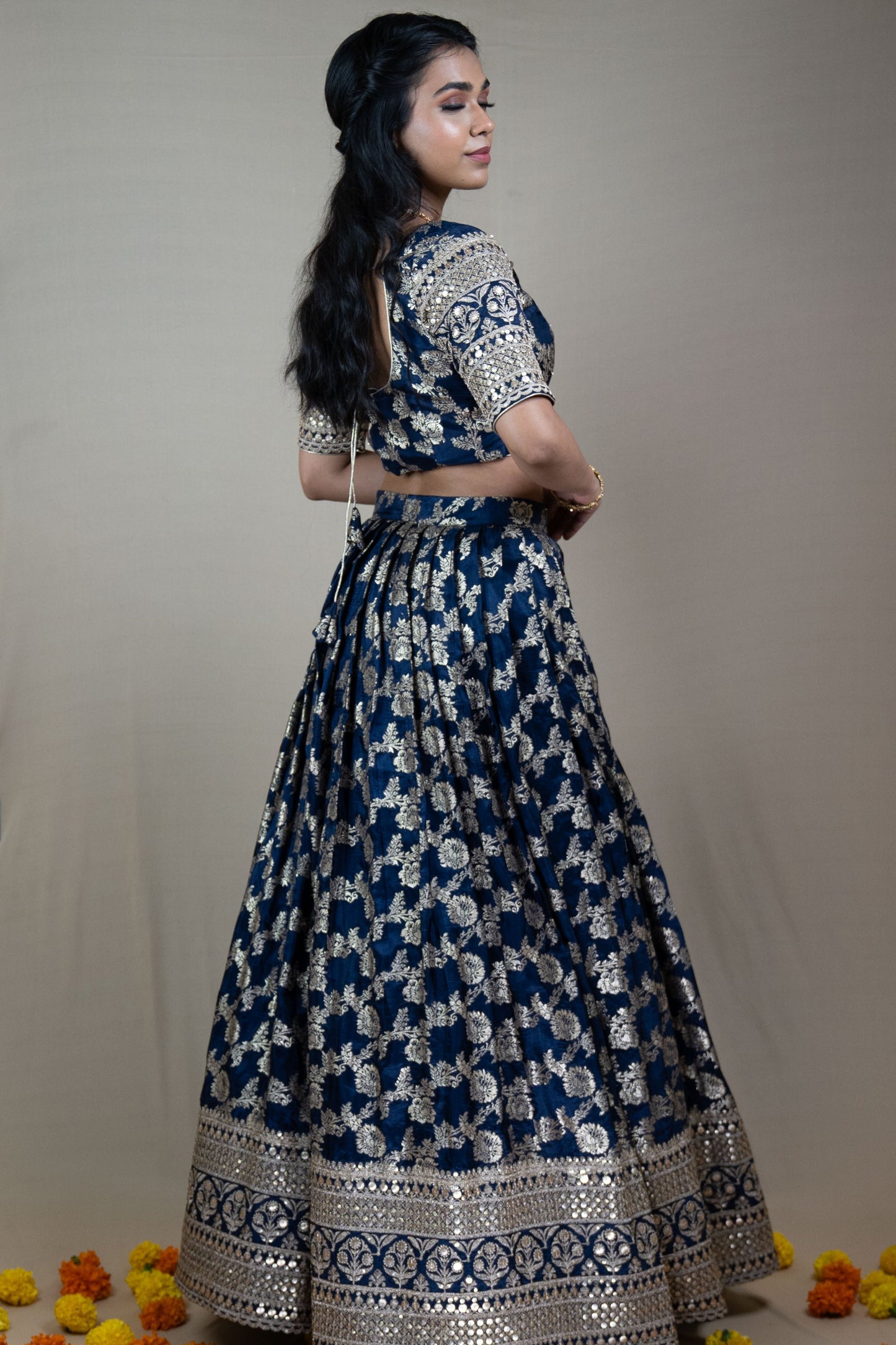 Navy Blue Banarasi Silk Lehenga Set with Silk Embroidery