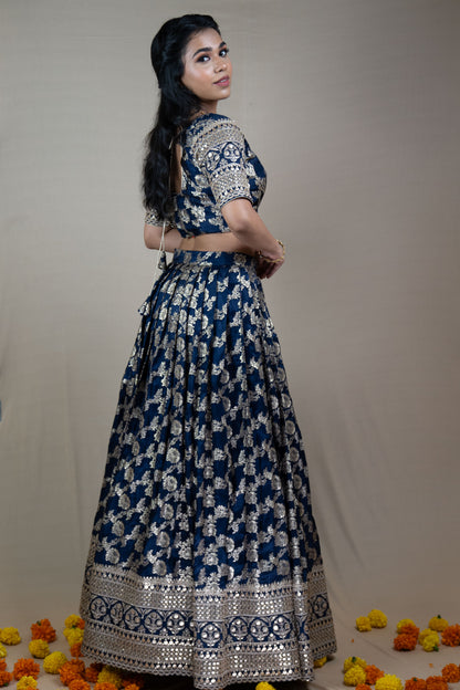 Navy Blue Banarasi Silk Lehenga Set with Silk Embroidery