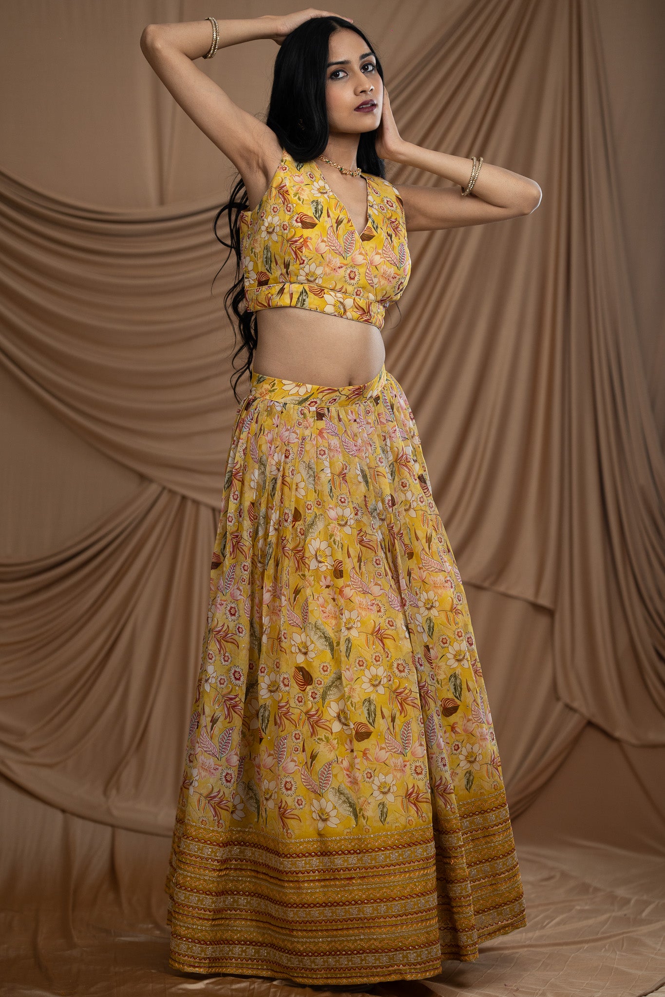 Sunshine Yellow Floral Printed Fabric Lehenga Set