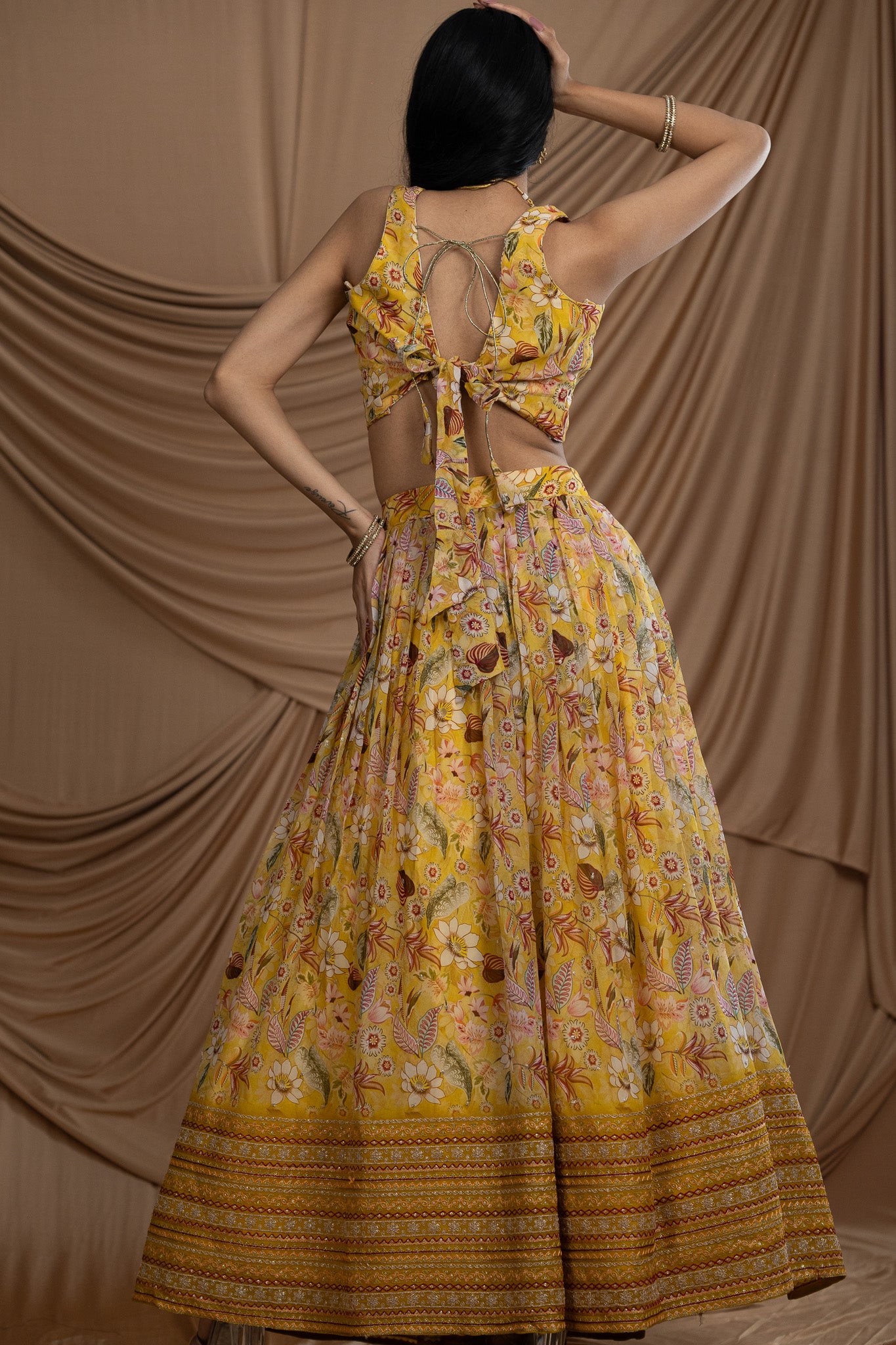 Sunshine Yellow Floral Printed Fabric Lehenga Set